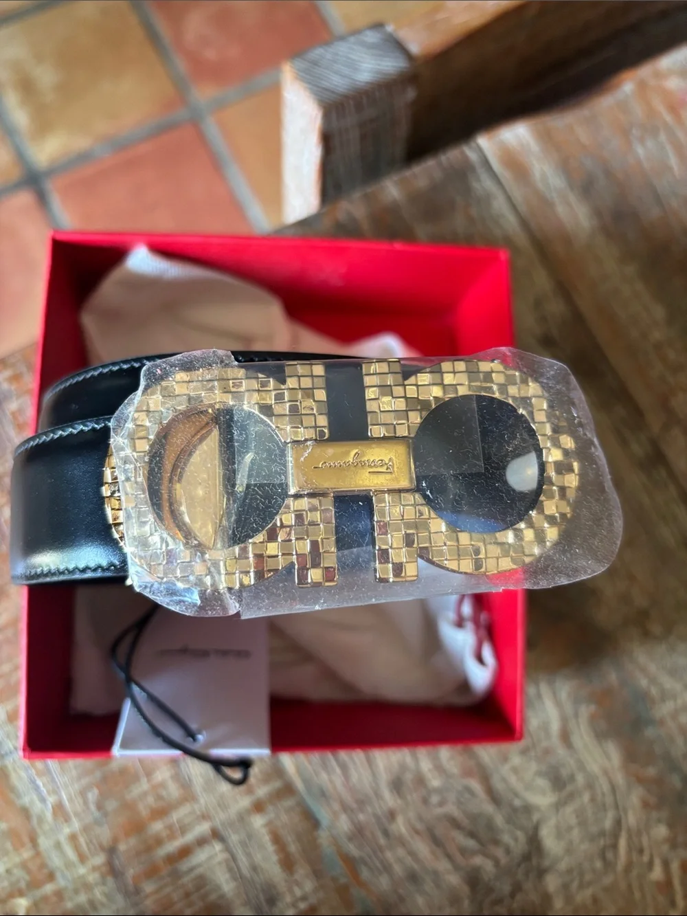 Salvatore Ferragamo Black Leather Belt with Gold Mosaic Gancini Buckle